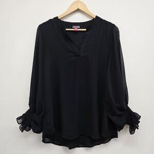 Vince Camuto Popover Blouse Top Sz M Semisheer Balloon Sleeve Lined Black V-Neck